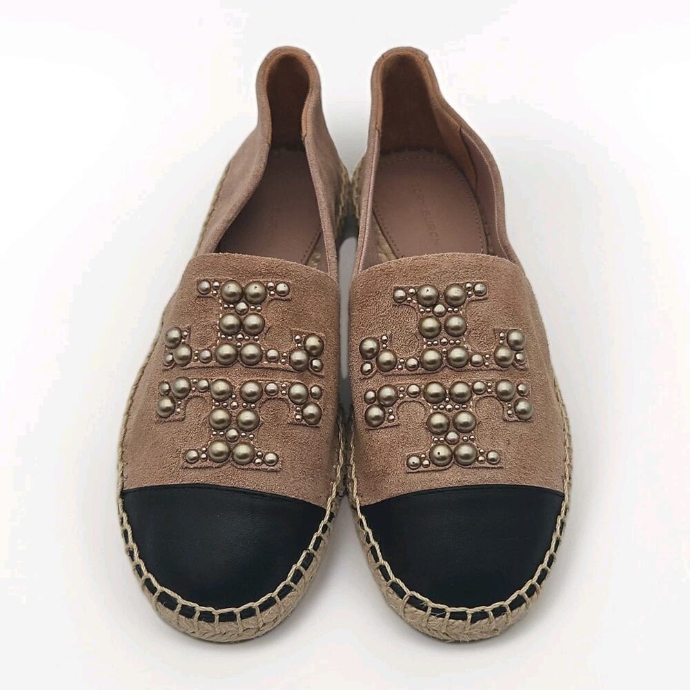 Tory Burch Pearl Logo Flat Espadrilles Pink Suede Black Leather Cap Toe size 6 - Picture 2 of 8
